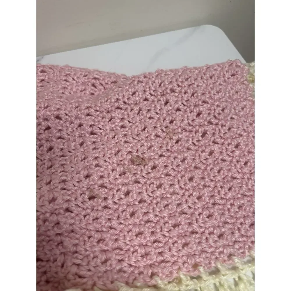 Handmade Crochet Baby‎ Blanket Pink Cream Ruffle Border Soft Yarn 44x29